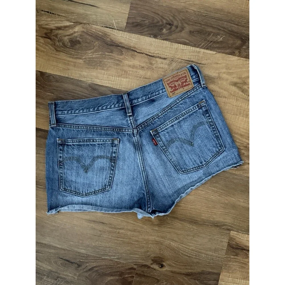 Levi's 501 Shorts Womens 30 Blue Denim Whiskered Red Tab Frayed Hem Button Fly